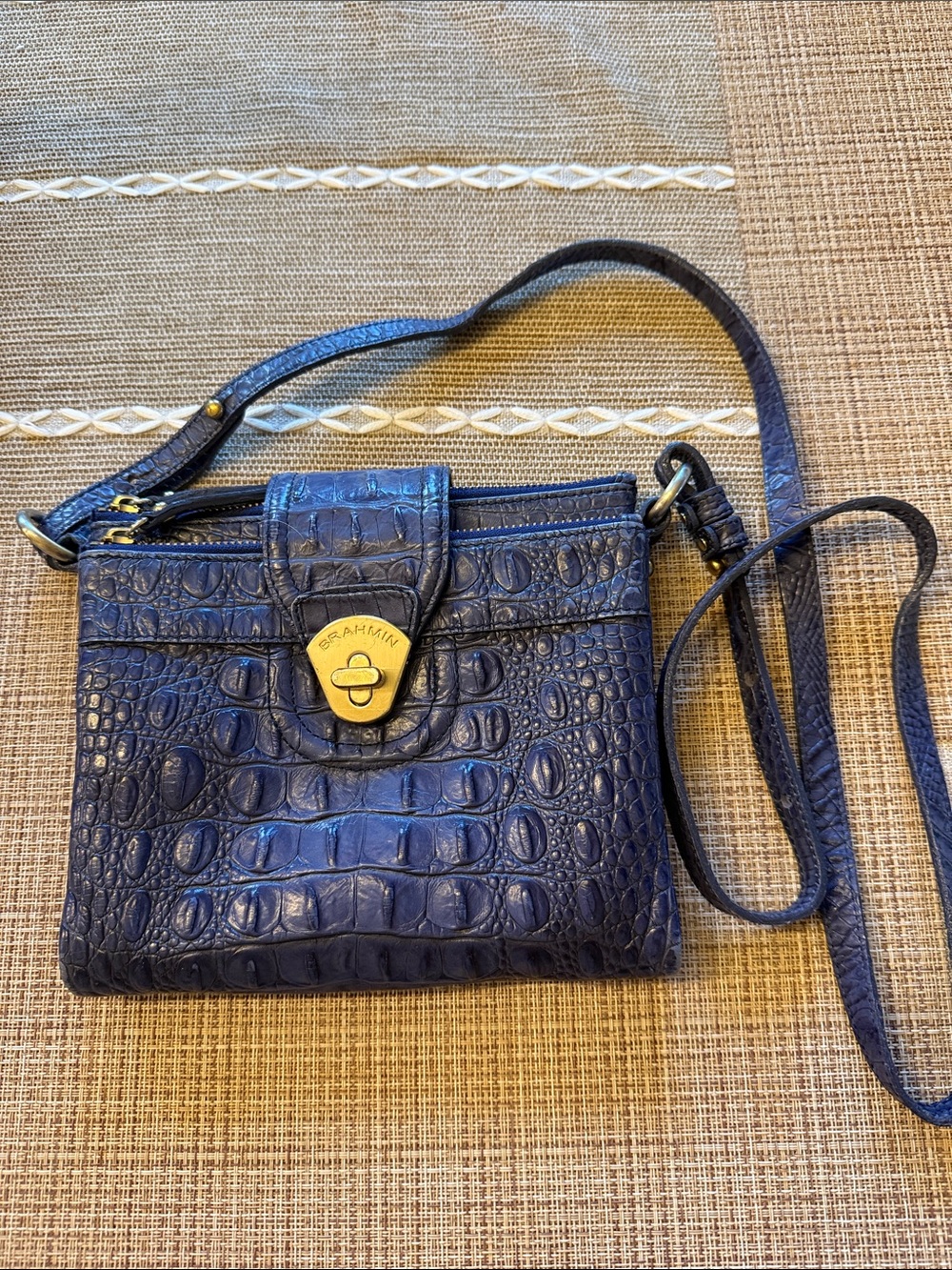Brahmin Deep Navy Croc-Embossed Leather Crossbody